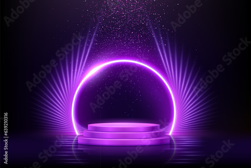 Purple tripple podium for product presentation vector illustration. Abstract empty blue award platform with neon glowing round frame and rays or wings, glitter confetti sparkle rain falling