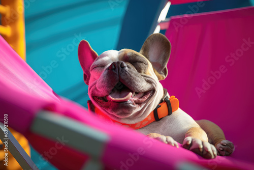 Cão divertido apanha sol na espreguiçadeira  durante as férias. © Antonio