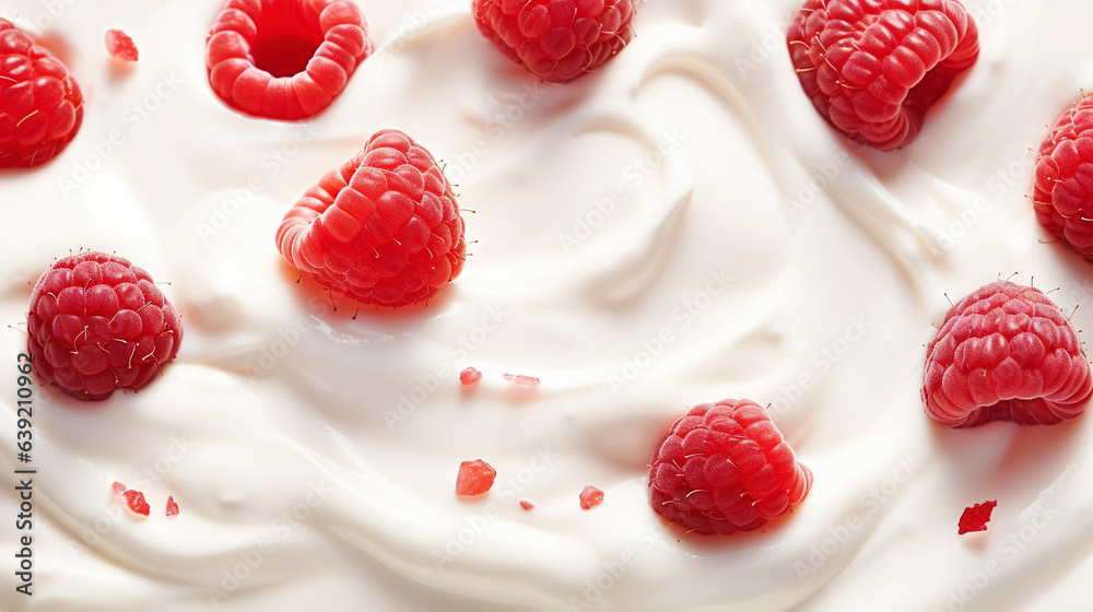 Yogurt and fresh raspberries, background. Top view. Generative AI Yogurt and fresh raspberries, background. Top view. Generative AI