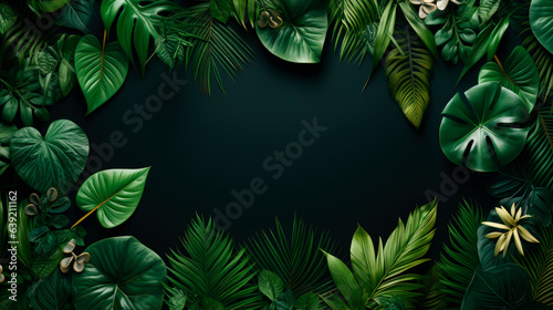 Top view exotic tropical leaves on a dark green background