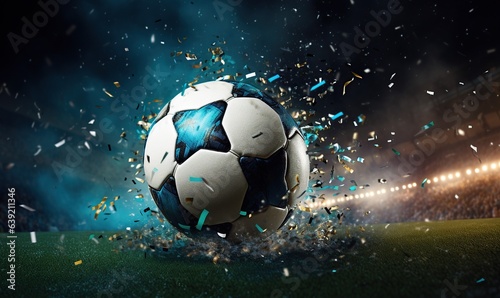A soccer ball on a pitch with stadium lighting and confetti streamers, Generative AI © salahchoayb