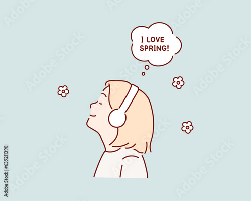 Young woman rests listening the music on nature in the spring. Hand drawn style vector design illustrations.