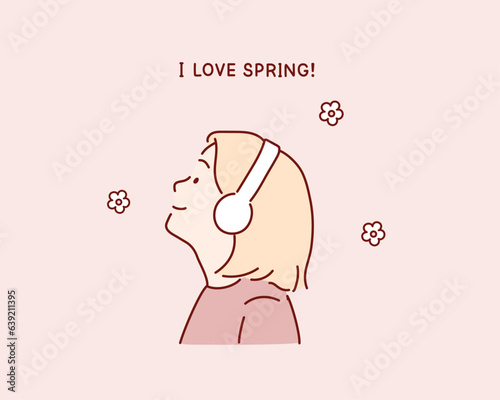 Young woman rests listening the music on nature in the spring. Hand drawn style vector design illustrations.