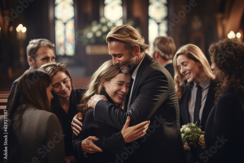 A heartwarming depiction of friends and family members embracing each other for support during a difficult moment at a funeral service. Generative Ai
