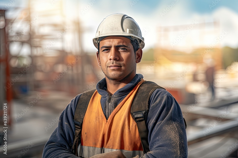 Construction worker posing at construction site, arms crossed. Photo generative AI