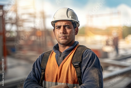 Construction worker posing at construction site, arms crossed. Photo generative AI © pixardi