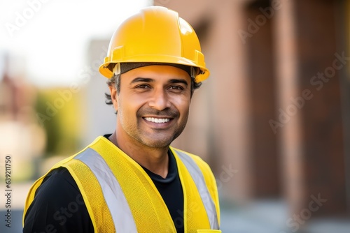 Smiling Hispanic construction worker with helmet posing for camera. Photo generative AI
