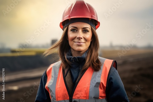 Skilled woman surveyor in hardhat, smiling, working on green field site. Photo generative AI © pixardi