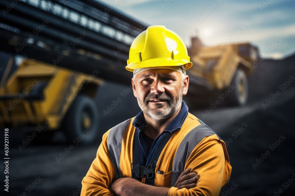 Smiling open-pit mine worker in protective gear and helmet by conveyor belt. Photo generative AI Smiling open-pit mine worker in protective gear and helmet by conveyor belt. Photo generative AI