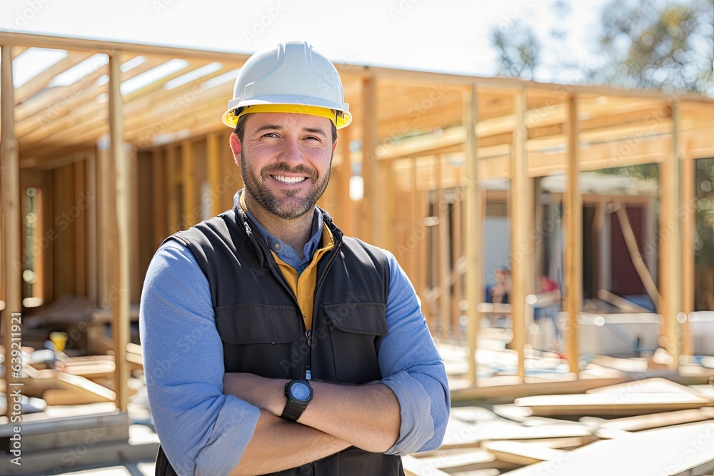 Smiling worker in hardhat at construction site. Photo generative AI Smiling worker in hardhat at construction site. Photo generative AI