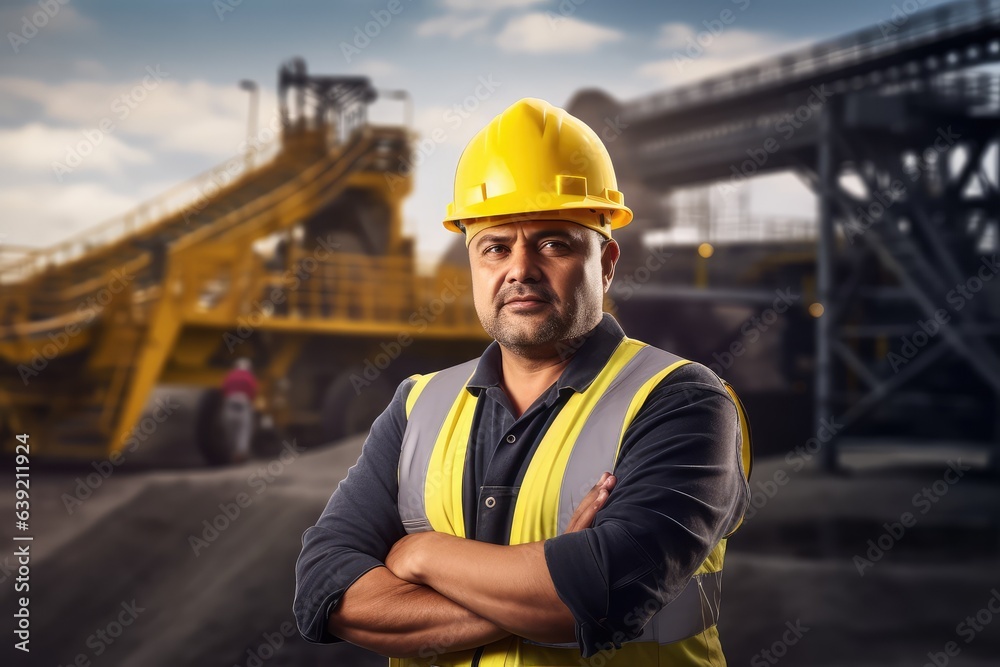 Smiling open-pit mine worker in protective gear and helmet by conveyor belt. Photo generative AI Smiling open-pit mine worker in protective gear and helmet by conveyor belt. Photo generative AI