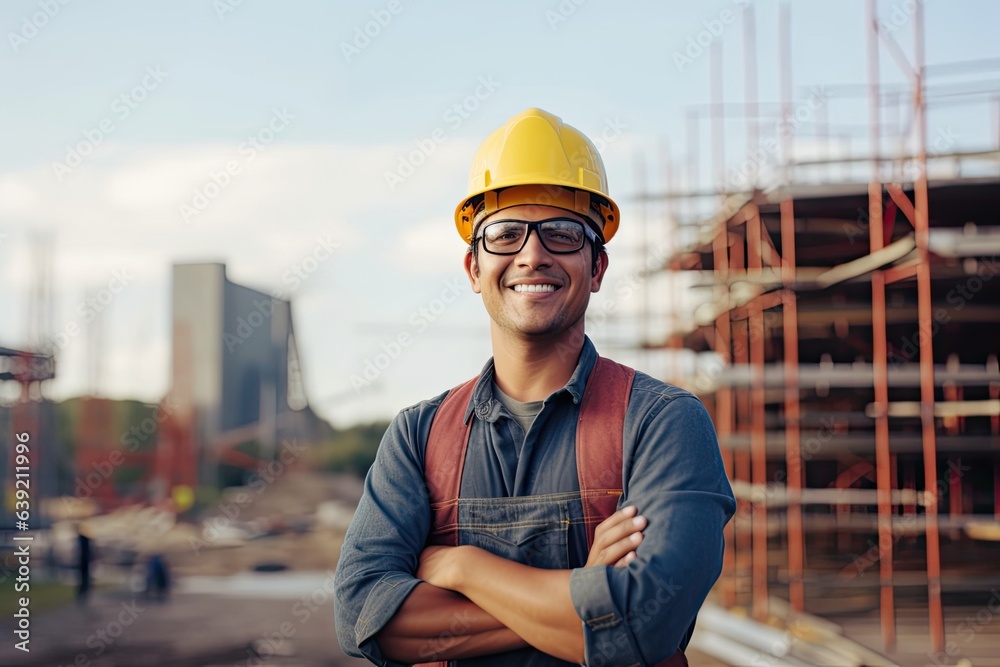 Smiling Hispanic man at construction site, wearing hardhat and goggles. Photo generative AI Smiling Hispanic man at construction site, wearing hardhat and goggles. Photo generative AI