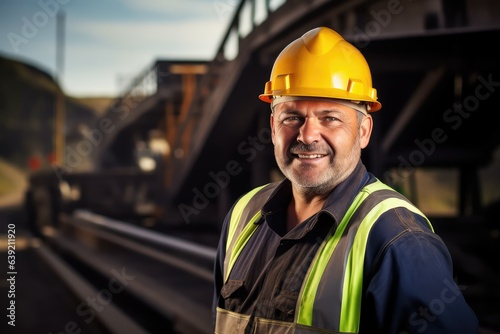 Smiling open-pit mine worker in protective gear and helmet by conveyor belt. Photo generative AI