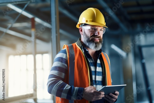 Mature construction worker with tablet at indoor site building office. Photo generative AI