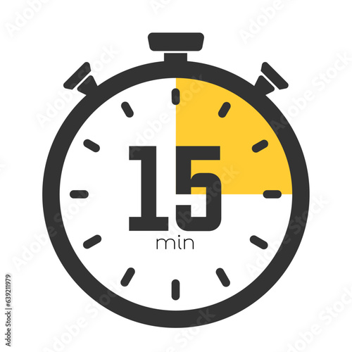 Fifteen minutes stopwatch symbol, timer icon, cooking time, 15 minutes countdown, sport or cosmetic or chemical application time, 15 min waiting time on a transparent background. Vector illustration.