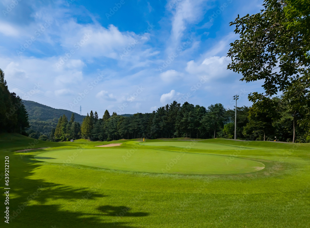 Green grass Golf course cloud and blue sky