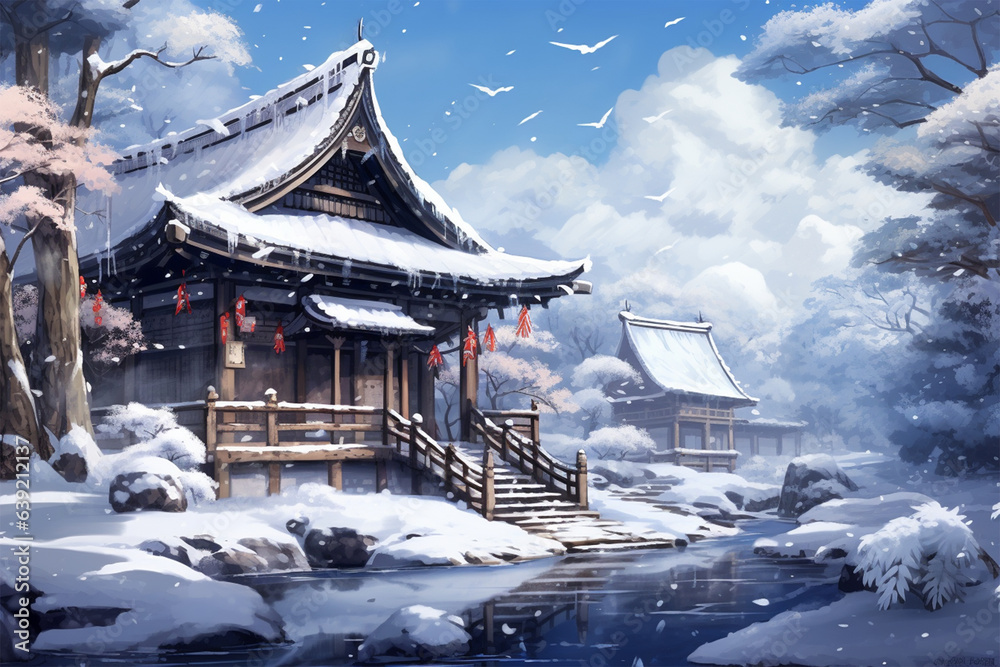japanese style background, a castle in winter - obrazy, fototapety, plakaty 