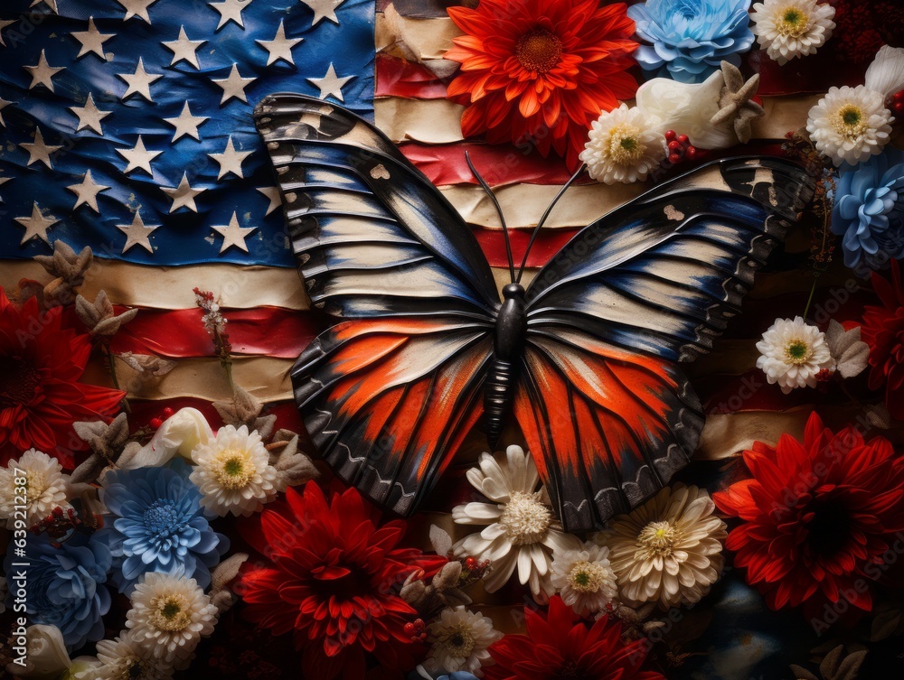 Artfully captured, a butterfly with wings resembling the American flag rests on a wildflower. A fleeting moment of natural beauty and symbolism, frozen in time