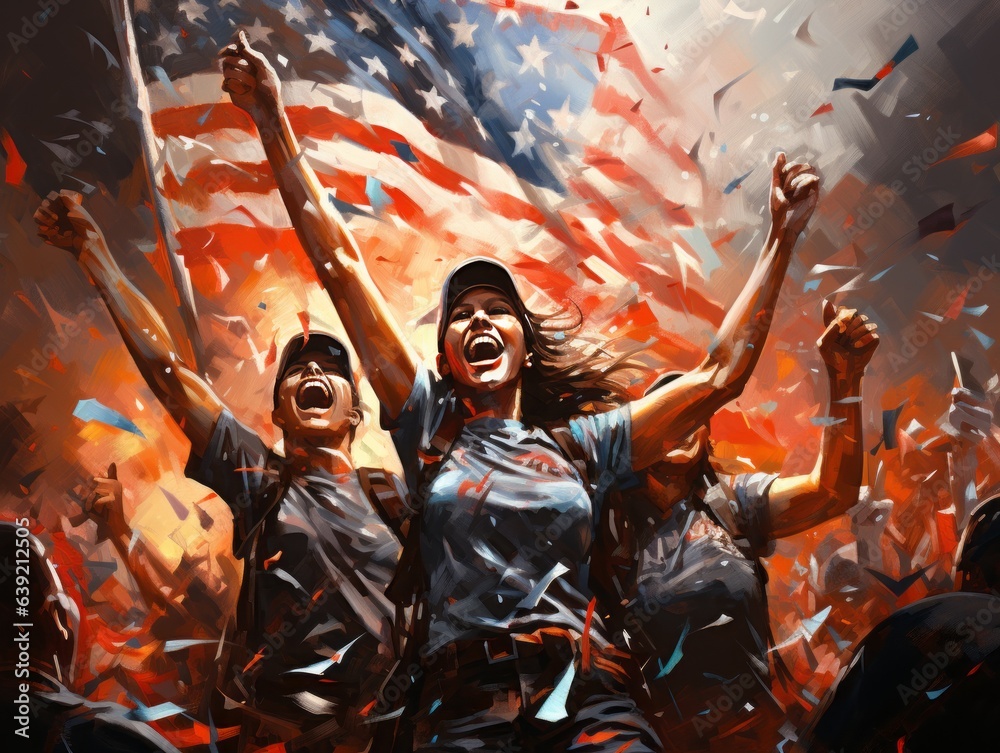 Obraz premium Captured in a burst of confetti, the American flag is hoisted during a sports victory, merging national pride and jubilant celebration in vivid colors.