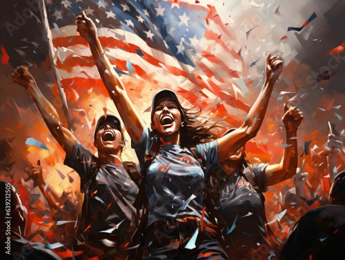 Captured in a burst of confetti, the American flag is hoisted during a sports victory, merging national pride and jubilant celebration in vivid colors.