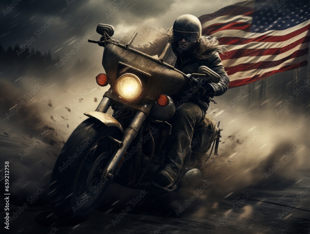 A motorcycle speeds down an open road with a large American flag trailing behind. The shot, frozen in time by the photographer, symbolizes freedom, adventure, and a hint of rebellion.