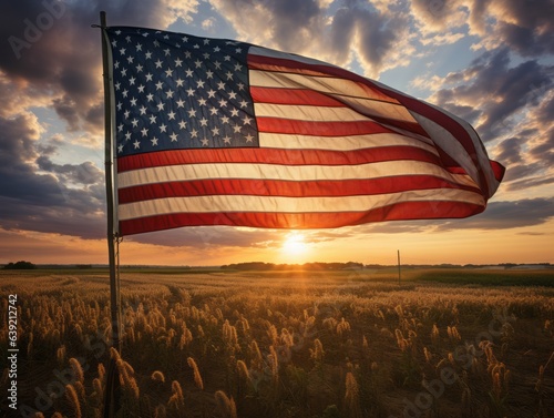 In a panoramic sweep, the American flag waves proudly across a sprawling midwestern farmland, encompassing vastness and verdant bounty under one banner.