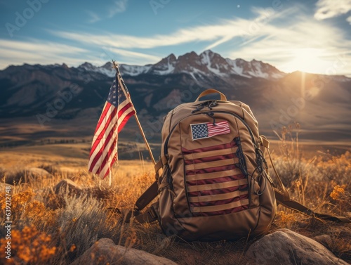 The American tiny pin flag on the backpack of a solo traveler. Amidst vast mountains, it subtly showcases the spirit of adventure and homeland pride. photo
