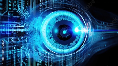 Blue robot camera eye cyber circuit future technology concept photo