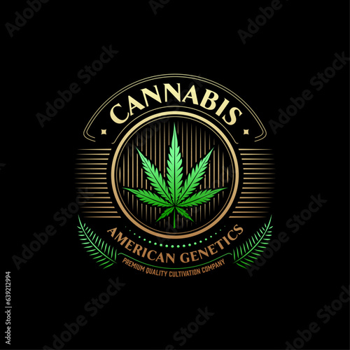 Cannabis marijuana luxury modern brand emblem. Vector label print on black background. Vintage badge inspired