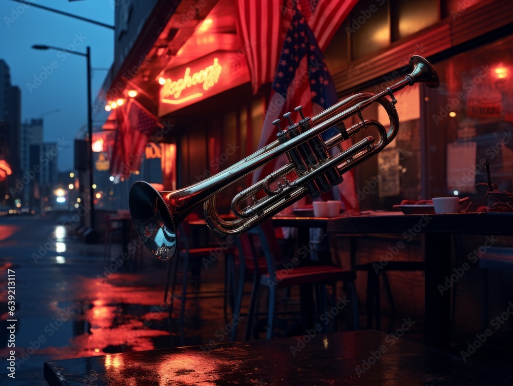 Photographically captured, a jazz musician's trumpet bell reflects a