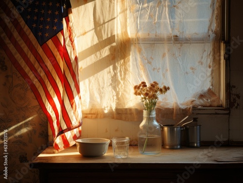 Photographically poetic, a lace curtain with American flag motifs lets in golden sunlight into a rustic kitchen, portraying warmth, comfort, and quiet patriotism.