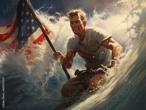 Professionally composed, a surfer rides a wave with the American flag designed on his board. The energetic scene celebrates the spirit of freedom and adventure, all set against the vast ocean.