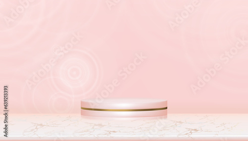 Studio background 3d podium display with marble floor on pink transparent clear water ripple surface texture with splashes wave and bubbles,Vector banner for cosmetic moisturiser,beauty,spa background