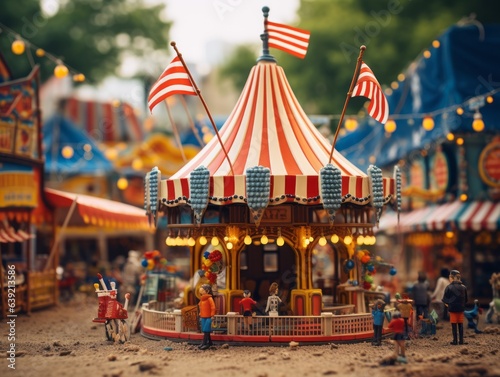 The American flag stands stark against a blurred carnival backdrop. Colors pop, emphasizing childhood nostalgia and playful patriotism, embodying a joyful celebration of national identity