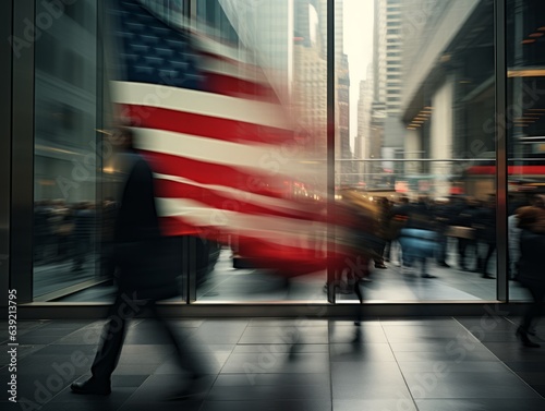 Blurred pedestrians walk past a crisp American flag, symbolizing the transient nature of life juxtaposed with timeless values.