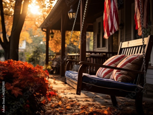An American flag hangs from a porch of a cozy cottage during autumn. Fallen leaves and pumpkins set the scene for a homely patriotic fall.