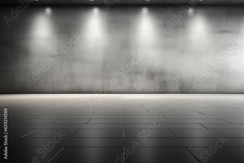 Empty gray wall and smooth floor with interesting light glare Background. interior advertising. Generative AI.