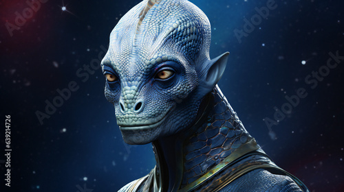 Reptilian Starseed portrait with empty copy space on the side. Generative AI. 
