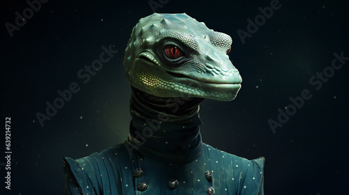 Reptilian Starseed portrait with empty copy space on the side. Generative AI. 