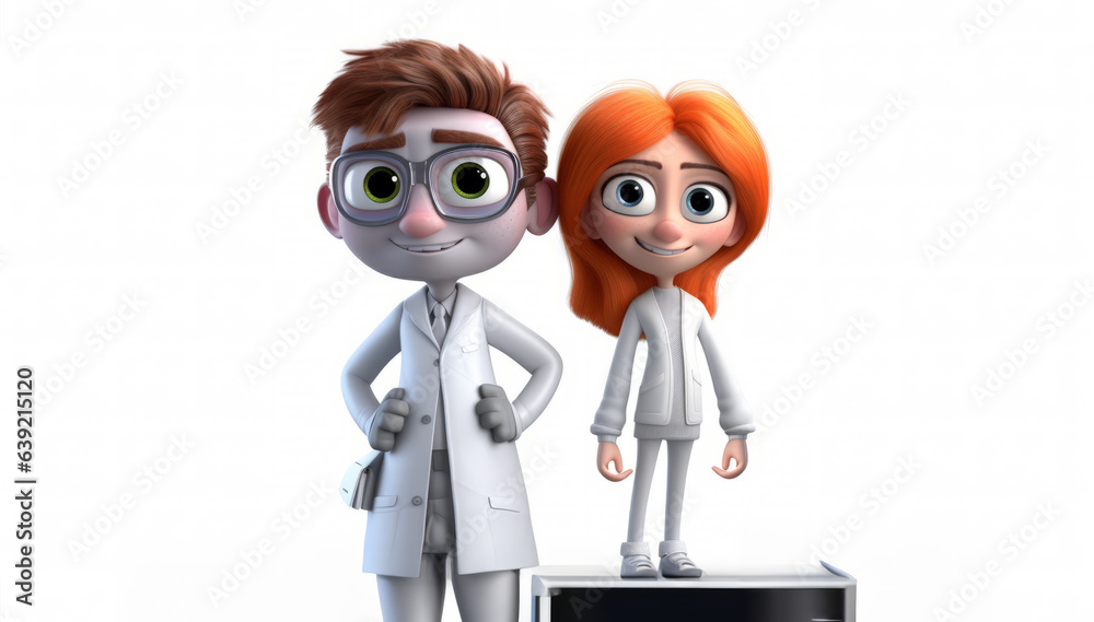 3d childrens characters. 3d cartoon style. Two friends standing and smiling. Android boy, scientist girl. Isolated on white background. Creative writing prompt for school students. Classroom lesson 3d childrens characters. 3d cartoon style. Two friends standing and smiling. Android boy, scientist girl. Isolated on white background. Creative writing prompt for school students. Classroom lesson