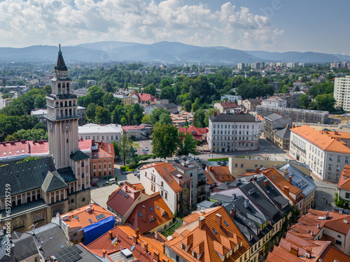 Fototapeta Naklejka Na Ścianę i Meble -  Aerial view of Bielsko Biala. The Old Town Market Square of Bielsko Biala. Traditional architecture and the surrounding mountains of the Silesian Beskids. Silesian Voivodeship. Poland. 