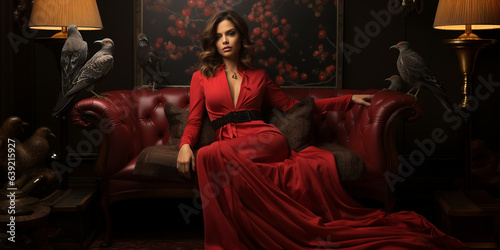 Luxuriöse Sexy Dame für den Escort Service im edlen Abendkleid auf einem eleganten Ledersitz wartet, ai generativ
