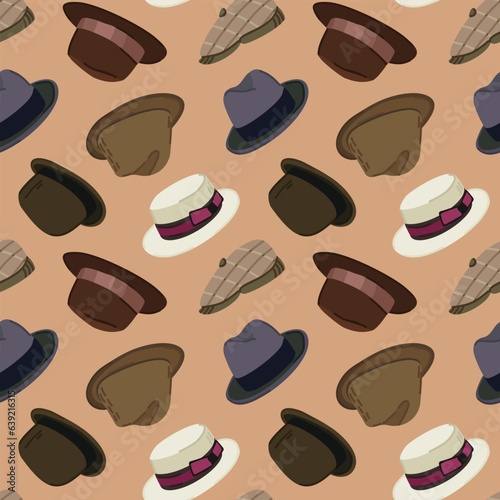 Vector seamless pattern with retro man's hats on beige background. Vector collection of vintage hats of 1930-s. Fedora, derby, boater, homburg, cap, walker.