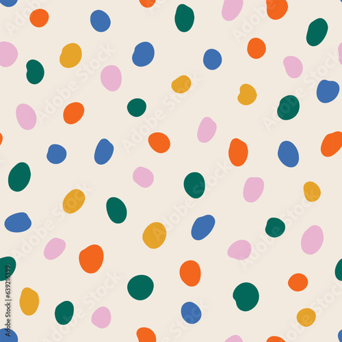 Colorful polka dots seamless pattern. Contemporary childish doodle background. Vector circle confetti on square beige backdrop. Fun festive template design