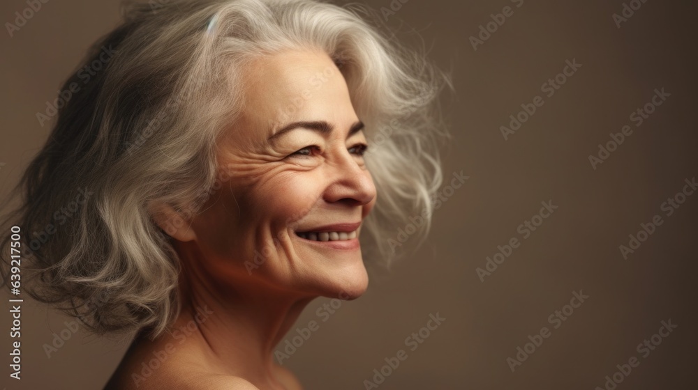 An elegant elderly woman in gray hair and simple attire on a neutral background. Generative AI An elegant elderly woman in gray hair and simple attire on a neutral background. Generative AI