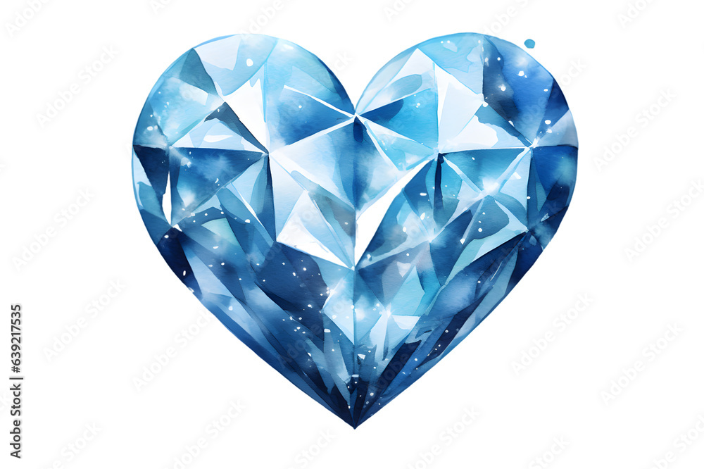 Diamond heart shaped gem watercolor illustration isolated on transparent background