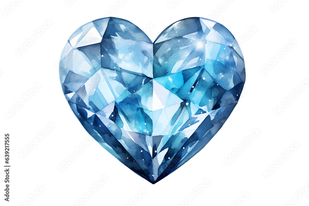Diamond heart shaped gem watercolor illustration isolated on transparent background