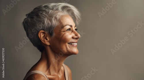 A joyful senior lady with gray hair, natural attire, and a radiant smile. Generative AI