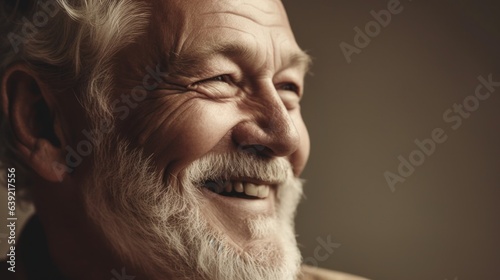 A contented elderly man with gray hair, donning natural clothes, smiling on a neutral background. Generative AI