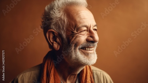 A contented senior man, dressed in understated gray attire, radiates joy in this portrait. Generative AI